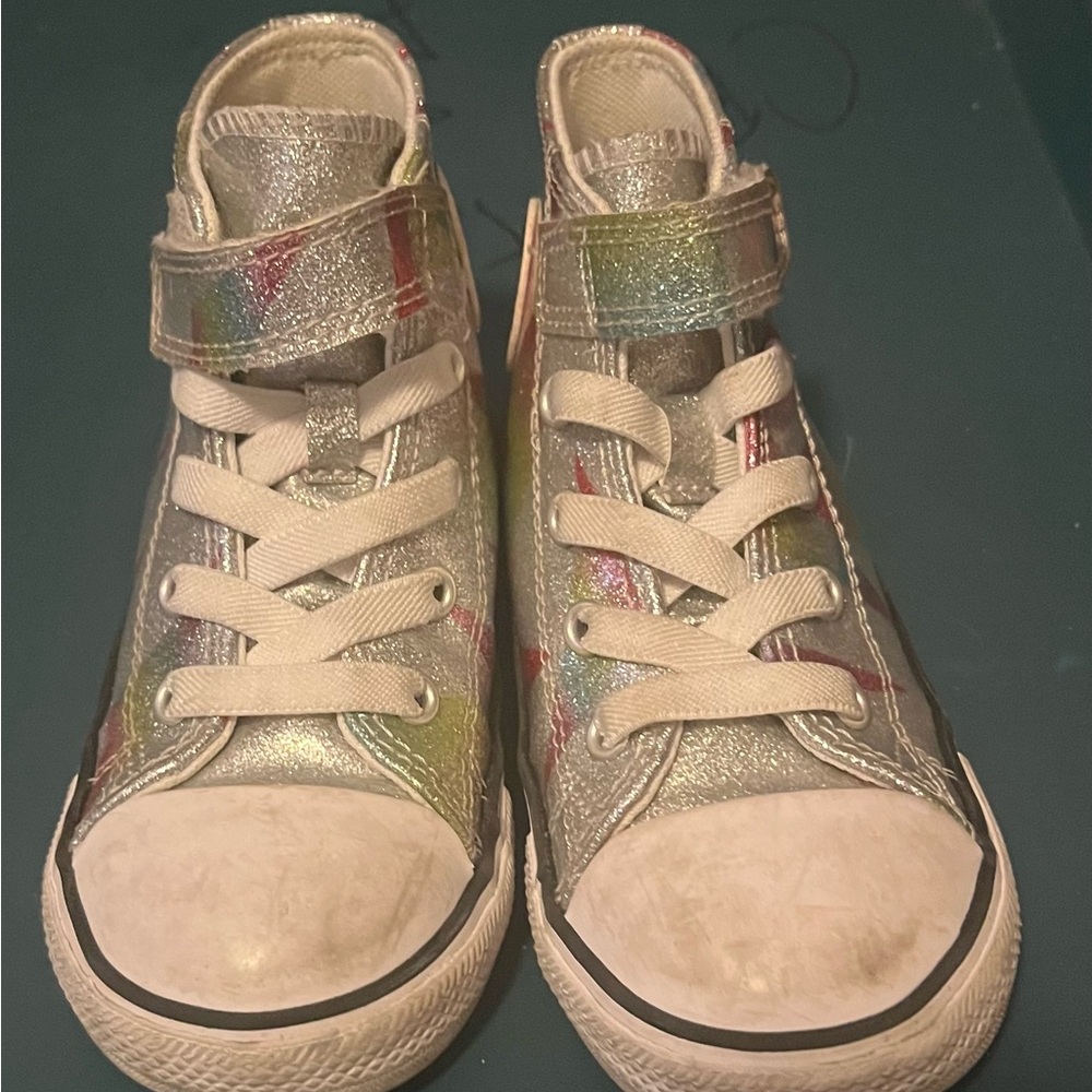 Converse Girls Toddler Size 9c Glittery Silver and Rainbow Sneakers - Picture 2 of 4